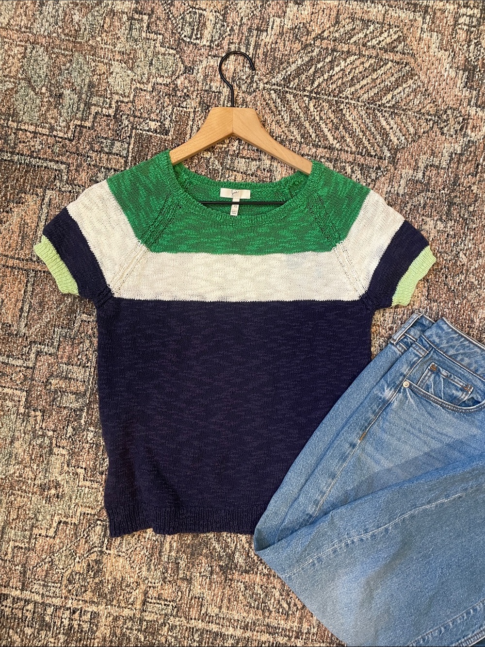 Joie Colorblock Knit Sweater XS Green Navy White Nautical Top